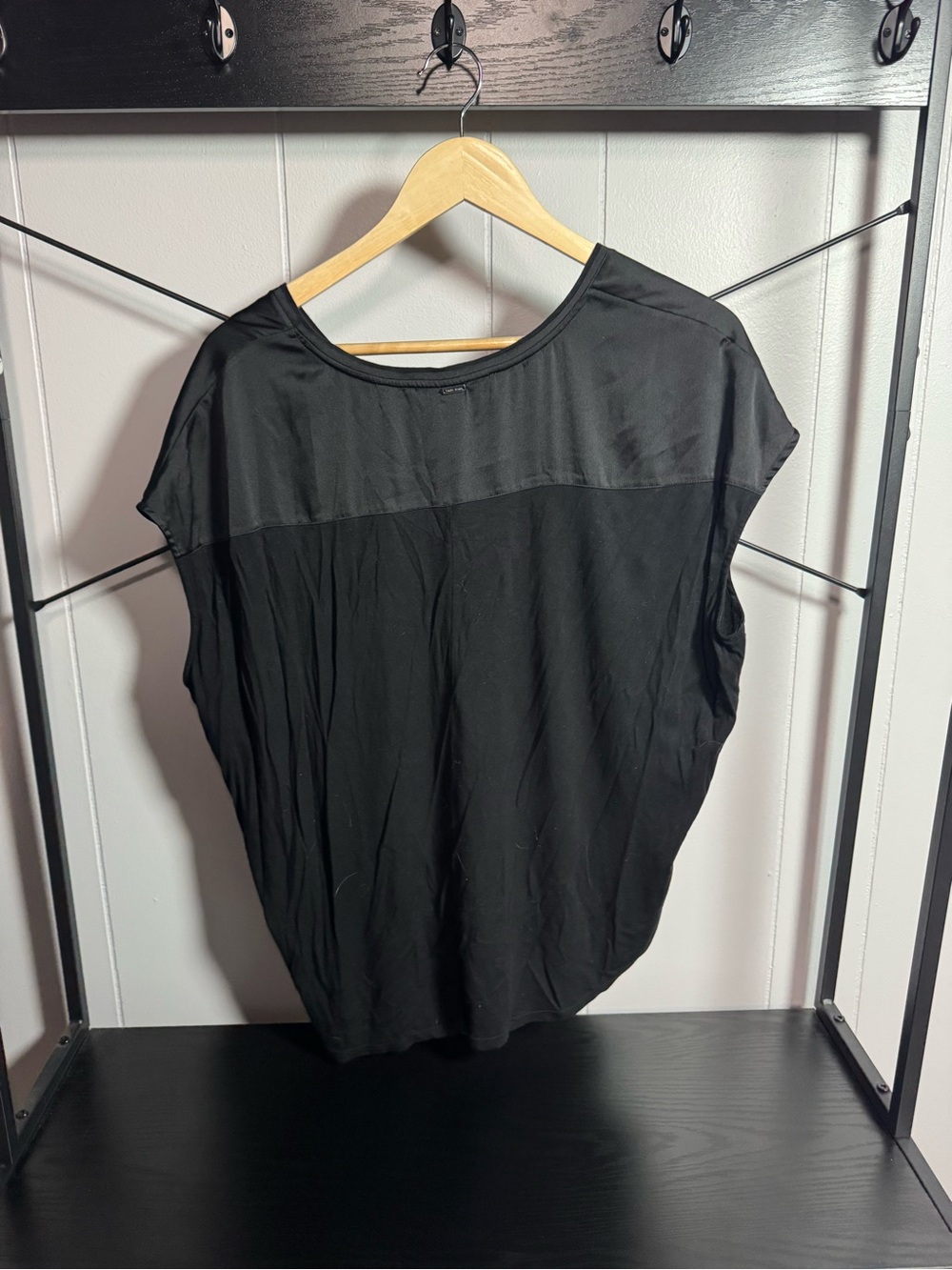White House Black Market Black Short-Sleeve Mixed Fabric Tee